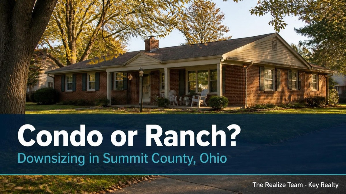 A single story brick ranch home with a covered front porch on a quiet tree lined Summit County, Ohio street, with the headline Condo or Ranch? Downsizing in Summit County, Ohio