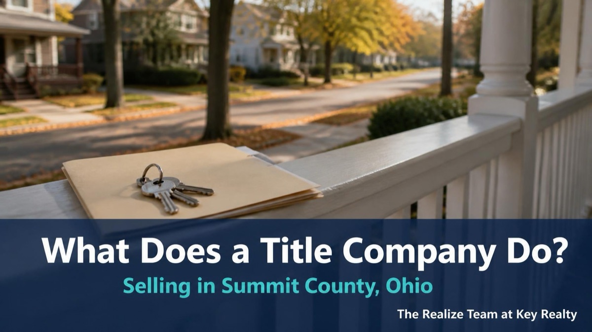 House keys resting on a closing folder on a front porch railing on a tree lined Summit County, Ohio street, with the headline What Does a Title Company Do?