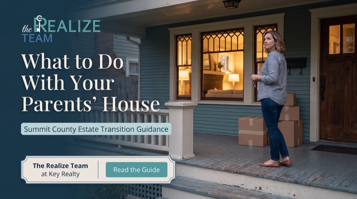 Adult daughter walking toward the front door of a longtime family home in Summit County, Ohio, with keys in hand and moving boxes on the porch