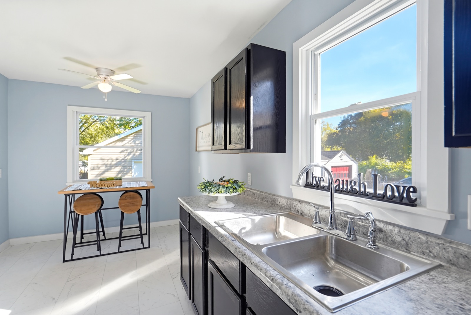 Double stainless sink under the kitchen window